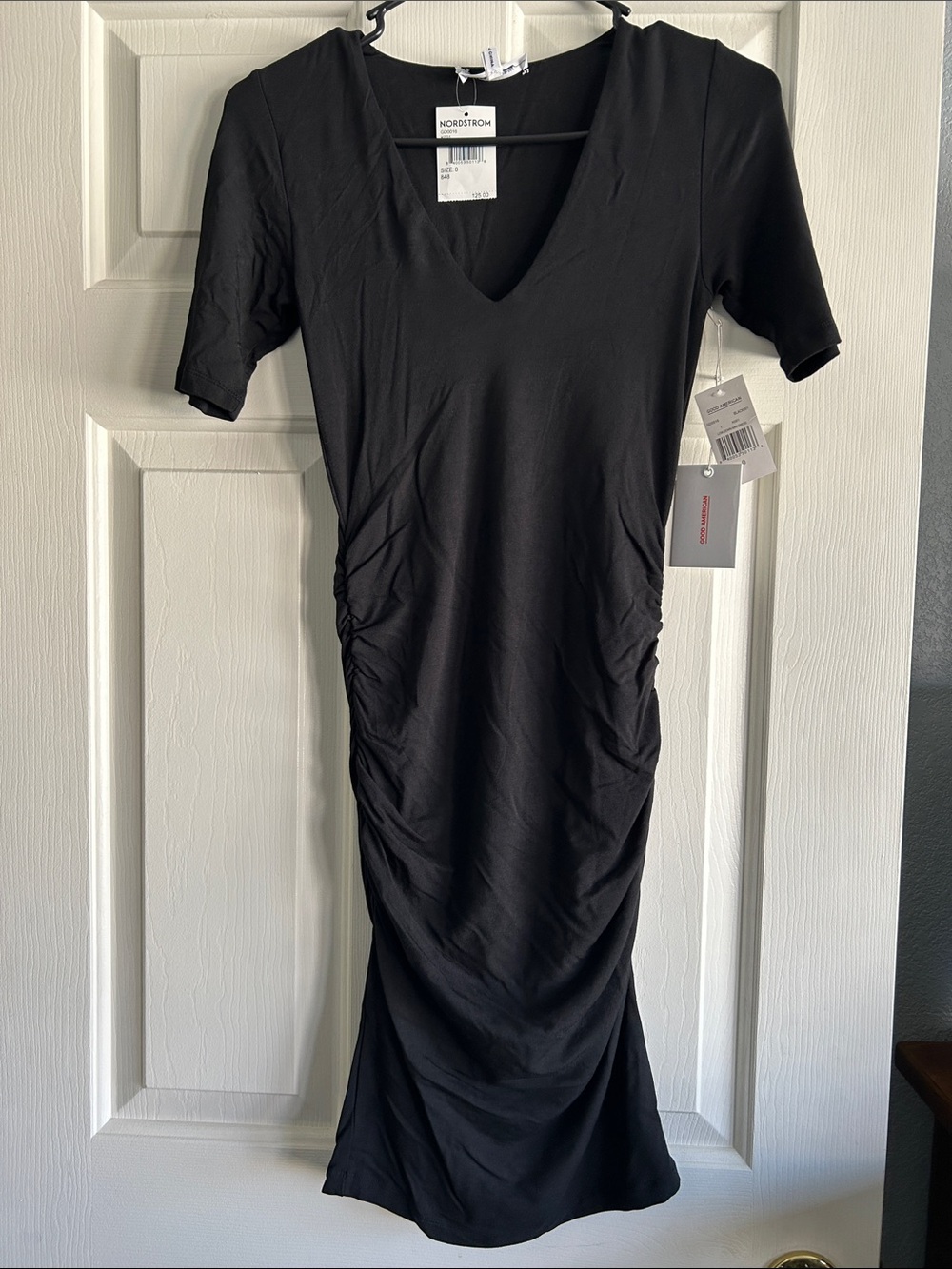 Good American Black V-Neck Ruched Midi Dress